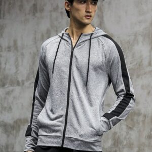 Boyfriend Style Men Contrast Side Seam Raglan Sleeve Drawstring Hooded Sports Jacket Workout Tops Grey Jacket - Image 3