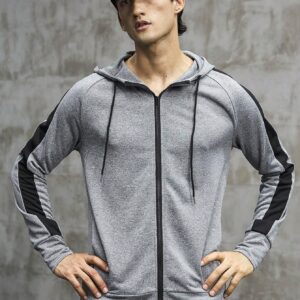Boyfriend Style Men Contrast Side Seam Raglan Sleeve Drawstring Hooded Sports Jacket Workout Tops Grey Jacket - Image 4