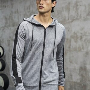 Boyfriend Style Men Contrast Side Seam Raglan Sleeve Drawstring Hooded Sports Jacket Workout Tops Grey Jacket - Image 5