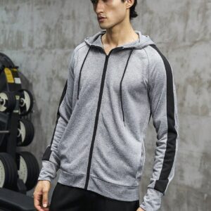 Boyfriend Style Men Contrast Side Seam Raglan Sleeve Drawstring Hooded Sports Jacket Workout Tops Grey Jacket - Image 6