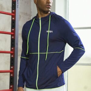 Boyfriend Style Men Letter Graphic Contrast Piping Drawstring Hooded Sports Jacket Workout Tops