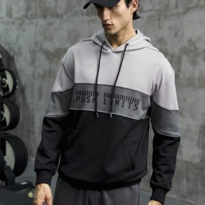 Boyfriend Style Men Color Block Letter Graphic Kangaroo Pocket Drawstring Sports Hoodie Boyfriend Style Men Sweatshirt