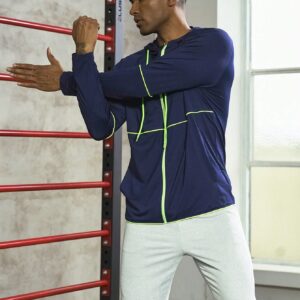 Boyfriend Style Men Letter Graphic Contrast Piping Drawstring Hooded Sports Jacket Workout Tops - Image 3
