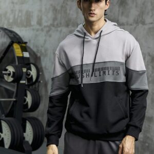 Boyfriend Style Men Color Block Letter Graphic Kangaroo Pocket Drawstring Sports Hoodie Boyfriend Style Men Sweatshirt - Image 3