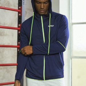 Boyfriend Style Men Letter Graphic Contrast Piping Drawstring Hooded Sports Jacket Workout Tops - Image 4