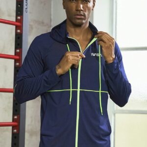 Boyfriend Style Men Letter Graphic Contrast Piping Drawstring Hooded Sports Jacket Workout Tops - Image 5
