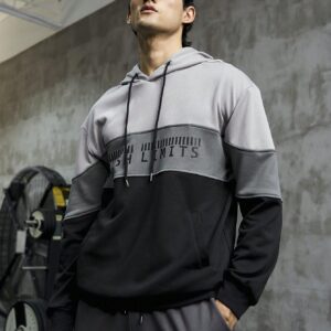 Boyfriend Style Men Color Block Letter Graphic Kangaroo Pocket Drawstring Sports Hoodie Boyfriend Style Men Sweatshirt - Image 7
