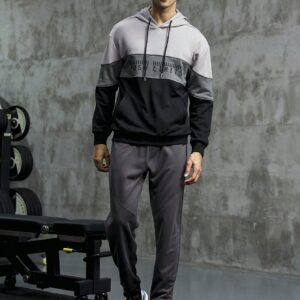 Boyfriend Style Men Color Block Letter Graphic Kangaroo Pocket Drawstring Sports Hoodie Boyfriend Style Men Sweatshirt - Image 8