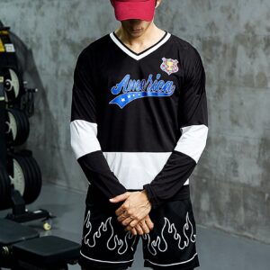 Men Letter Graphic Colorblock Drop Shoulder 2 In 1 Sports Tee Long Sleeve Shirt - Image 4