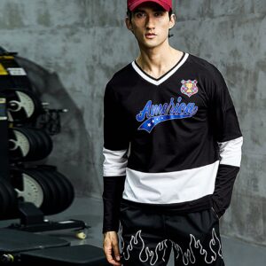 Men Letter Graphic Colorblock Drop Shoulder 2 In 1 Sports Tee Long Sleeve Shirt - Image 6