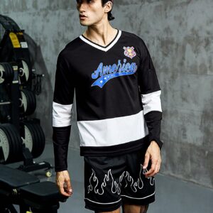 Men Letter Graphic Colorblock Drop Shoulder 2 In 1 Sports Tee Long Sleeve Shirt - Image 7
