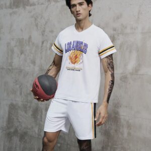 Men Basketball & Letter Graphic Sports Set, Athletic Suit, Tracksuit Workout Set - Image 3