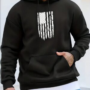 Men 1pc Striped Print Kangaroo Pocket Drawstring Sports Hoodie Men Sweatshirt