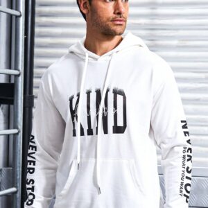 Men Letter Graphic Kangaroo Pocket Drawstring Sports Hoodie Men Sweatshirt