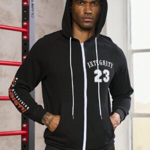 Men Letter Graphic Zip Up Drawstring Hooded Sports Jacket Workout Tops