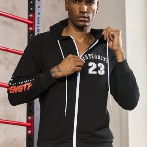 Men Letter Graphic Zip Up Drawstring Hooded Sports Jacket Workout Tops - Image 3