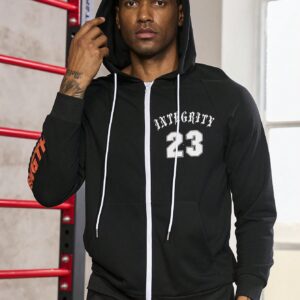 Men Letter Graphic Zip Up Drawstring Hooded Sports Jacket Workout Tops - Image 4