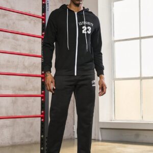 Men Letter Graphic Zip Up Drawstring Hooded Sports Jacket Workout Tops - Image 5