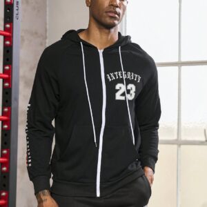 Men Letter Graphic Zip Up Drawstring Hooded Sports Jacket Workout Tops - Image 6
