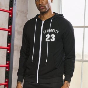 Men Letter Graphic Zip Up Drawstring Hooded Sports Jacket Workout Tops - Image 7