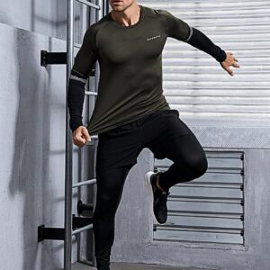 Men Letter Graphic Sports Tee With 2 In 1 Sports Tights, Athletic Suit, Tracksuit Workout Set - Image 7