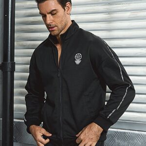 Boyfriend Style Men Letter Graphic Contrast Tape Zip Up Sports Jacket Workout Tops