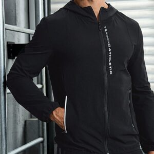 Boyfriend Style Men Letter Graphic Zip Up Hooded Sports Jacket Workout Tops - Image 5