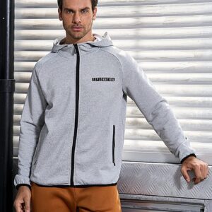 Men's Letter Print Zipper Front Hooded Sports Jacket Workout Tops