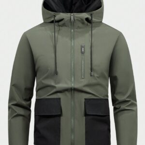 Men's Color Blocking Hooded Zipper Closure Drawstring Sports Jacket Workout Tops - Image 3