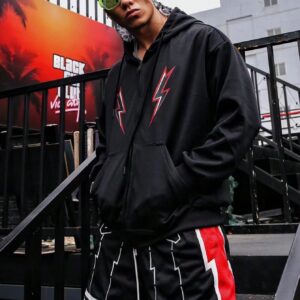 Men's Lightning Pattern Zipper Hooded Sport Jacket With Drawstring Workout Tops
