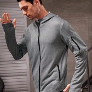 Boyfriend Style Men's Solid Color Zipper Hooded Sports Jacket Workout Tops Grey Jacket - Image 4