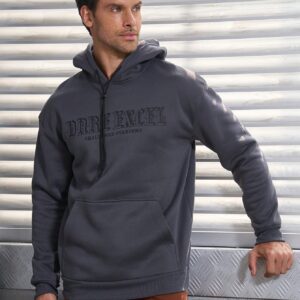 Boyfriend Style Men's Casual Hooded Sweatshirt With Drawstring And Text Design For Sports Boyfriend Style Men Sweatshirt - Image 5