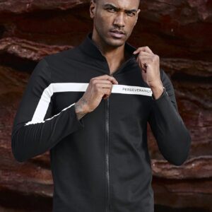 Men's Color Block Letter Printed Zip-Up Hooded Sports Jacket Workout Tops