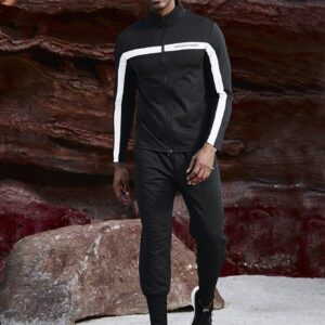 Men's Color Block Letter Printed Zip-Up Hooded Sports Jacket Workout Tops - Image 4