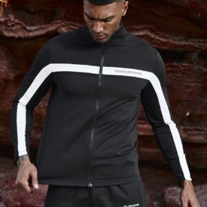 Men's Color Block Letter Printed Zip-Up Hooded Sports Jacket Workout Tops - Image 5