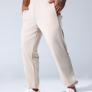 Men's Elastic Waist Jogging Pants With Slanted Pockets, Jogging Plus Size Jogging Pants, Sport Straight Leg Jogging Pants, White Men's Pants