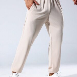 Men's Elastic Waist Jogging Pants With Slanted Pockets, Jogging Plus Size Jogging Pants, Sport Straight Leg Jogging Pants, White Men's Pants - Image 5