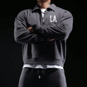 Boyfriend Style Men's Half Zip Sport Polo Sweatshirt With Letter Print Workout Tops Golf Shirt
