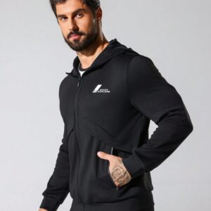 Men's Letter Printed Hooded Sports Jacket Workout Tops - Image 7
