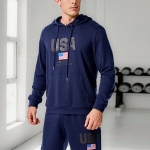 Men's & Letter Printed Pocket Hoodie And Shorts Sports Suit Workout Set