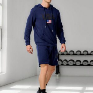 Men's & Letter Printed Pocket Hoodie And Shorts Sports Suit Workout Set - Image 3