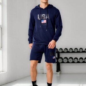 Men's & Letter Printed Pocket Hoodie And Shorts Sports Suit Workout Set - Image 5