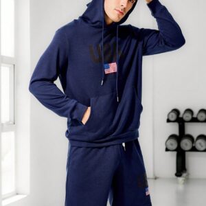 Men's & Letter Printed Pocket Hoodie And Shorts Sports Suit Workout Set - Image 6