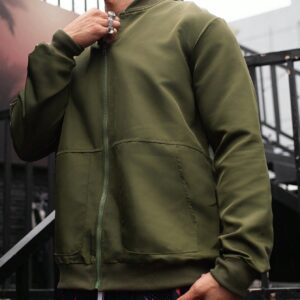 Men's Solid Color Bomber Jacket With Baseball Collar And Zipper Front - Image 3