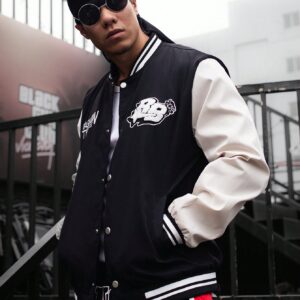 Boyfriend Style Men's Contrast Color Flocked Applique Striped Decor Sports Jacket Men's Varsity Jacketmen Varsity Jacketvarsity Jacket Menmen Letterman Jacketvarsity Jacket