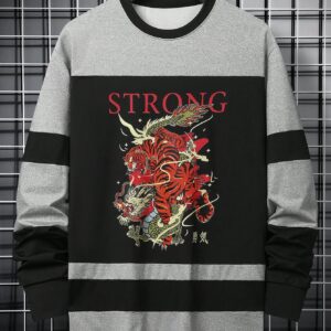 Men's Letter & Tiger Pattern Printed Sporty Long Sleeve T-Shirt Workout Tops