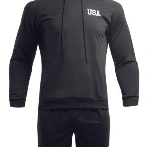 Men's Letter Print Raglan Sleeve Hoodie And Shorts Set, Athletic Suit, Tracksuit - Image 1