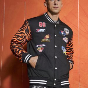 Boyfriend Style Men's Baseball Collar Tie Pocket Letter & Cartoon Printed Sports Jacket Workout Tops