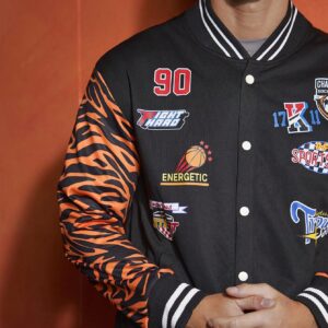 Boyfriend Style Men's Baseball Collar Tie Pocket Letter & Cartoon Printed Sports Jacket Workout Tops - Image 3