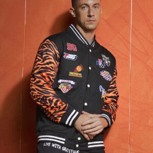 Boyfriend Style Men's Baseball Collar Tie Pocket Letter & Cartoon Printed Sports Jacket Workout Tops - Image 5